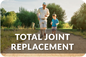 A grandpa is jogging next to his young grandson. Title reads: Total Joint Replacement