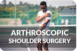 A young man standing on a tennis court holds his left shoulder in pain. Title reads: Arthroscopic Shoulder Surgery