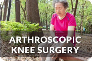 A senior woman sits on a park bench holding her knee in pain. Title reads: Arthroscopic Knee Surgery