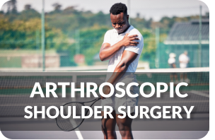 A young man standing on a tennis court holds his left shoulder in pain. Title reads: Arthroscopic Shoulder Surgery
