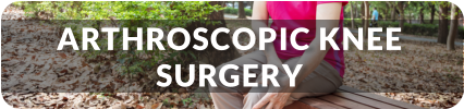 A senior woman sits on a park bench holding her knee in pain. Title reads: Arthroscopic Knee Surgery